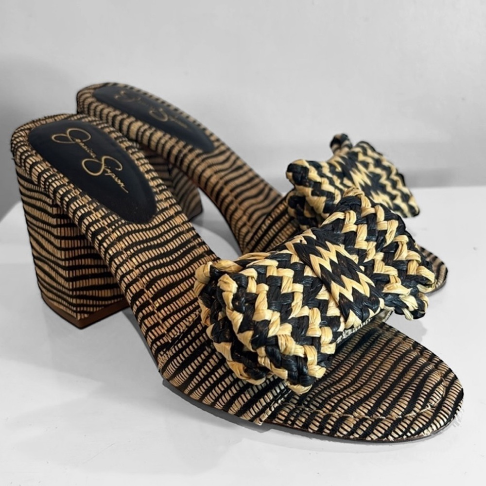 Jessica Simpson Black and Tan Woven Bow Block Heel Sandals